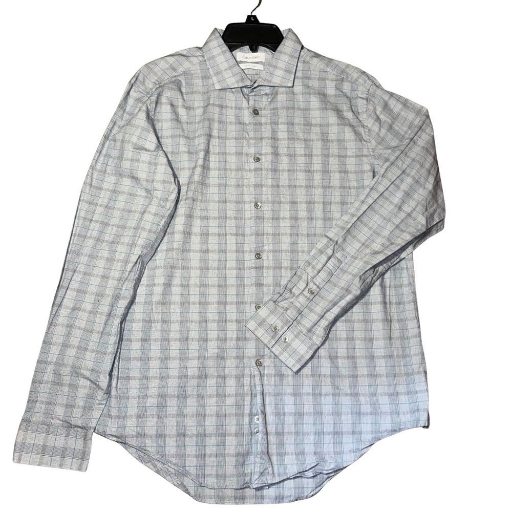 Men's Calvin Klein large slim fit Gray Checkered button down Shirt preppy formal